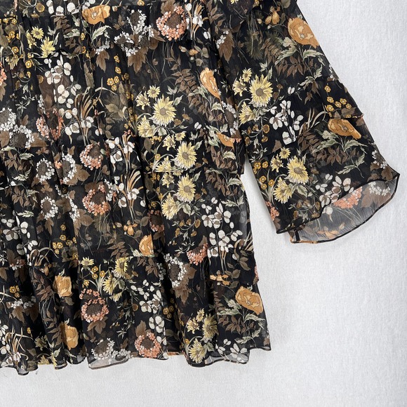 ROBERT RODRIGUEZ Floral Print Tiered Ruffled Dress Womens Large Black Sheer - Picture 8 of 16